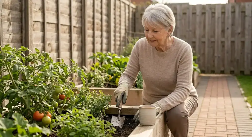 An older woman kneeling beside a raised bed in a garden, tending tomato plants.