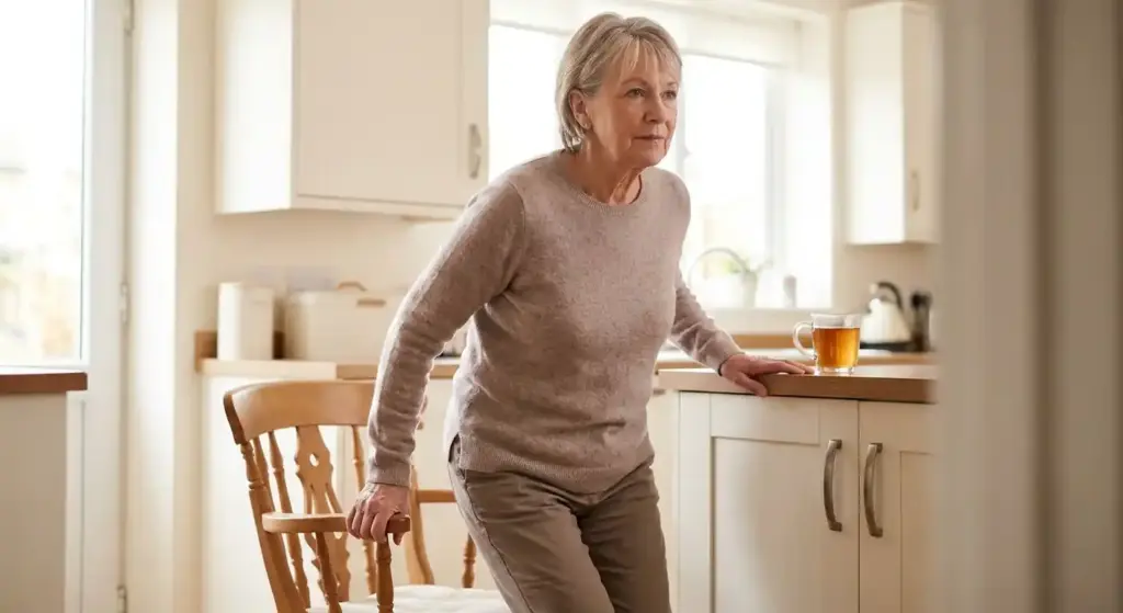 A woman in her kitchen holding the back of a dining chair for support while standing.