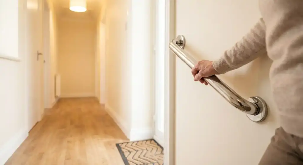 A hand gripping a grab rail fitted to the wall of a bright, uncluttered hallway.