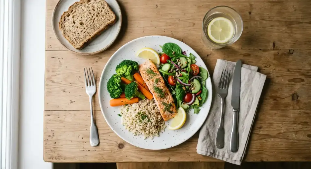 A plate of salmon, rice, carrots and salad on a wooden table, with wholemeal bread and a glass of water.