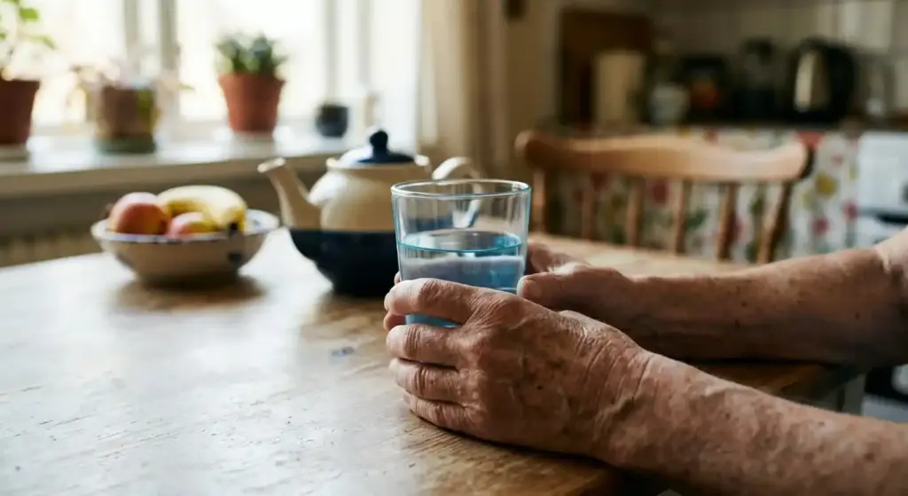 An older person holding a glass of water at a kitchen table, with a bowl of fruit nearby.