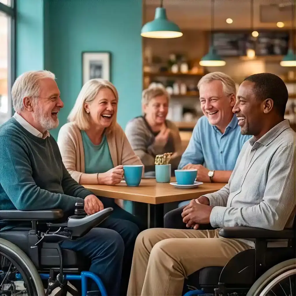 Five people, two of them wheelchair users, laughing together over cups of tea in a cafe.