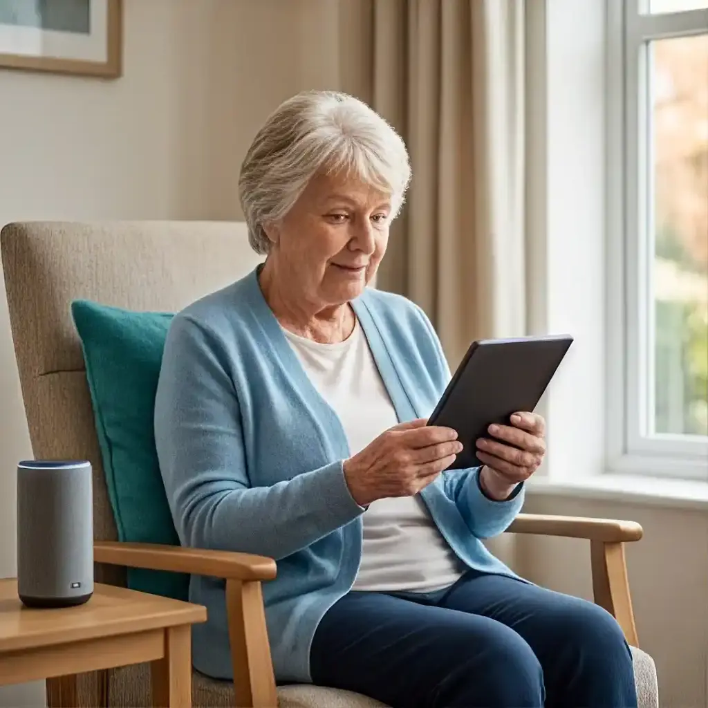 An older woman sitting in an armchair by a window, using a tablet computer.