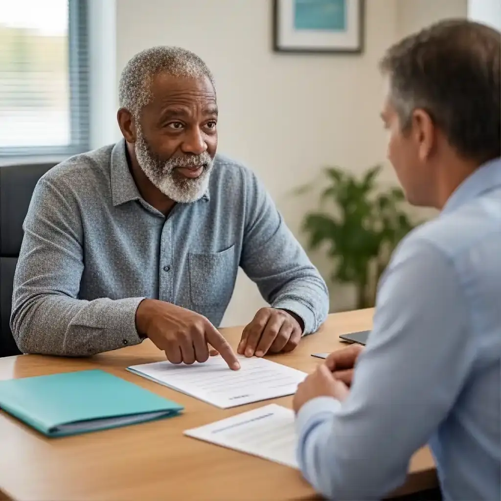 An older man at a table with another person, going through paperwork together.