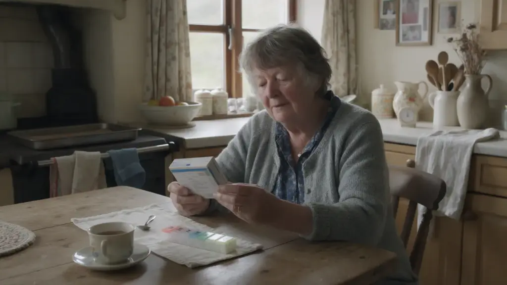 An older woman at her kitchen table reading the label on a box of medicine, with a weekly pill organiser and a cup of tea beside her.