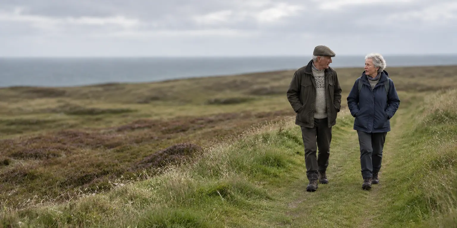 An older couple walking and chatting on a grassy track across open heathland, with the sea in the distance.